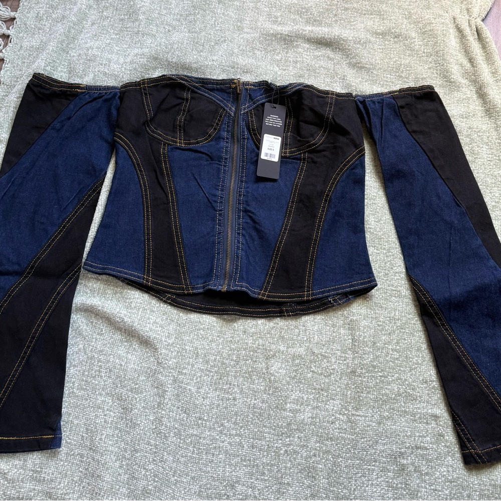 Fashion Nova Blue and Black Off-Shoulder Denim Top